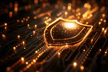 Poster - A shield symbol glowing on a dark technology background