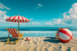Beach chairs and umbrellas with beach ball, summer season background