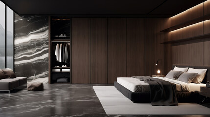 Wall Mural - Modern bedroom interior design with dark wood, marble walls and large windows