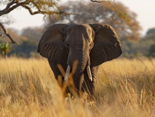 Poster - an elephant walking through tall grass