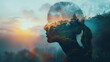 The outline of a human head contains a serene landscape background, symbolizing the concept of inner peace and mental tranquility. Ample copy space allows for additional messaging or branding.