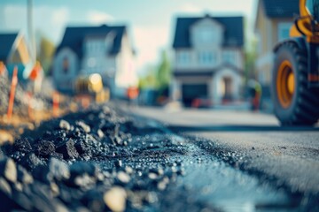 Wall Mural - Fresh asphalt paving by road construction crew with focus on the new tarmac texture, residential area development in the background - AI generated