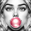 A detailed greyscale drawing of a woman blowing a pink bubble gum  with a reflective sheen.