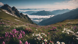 Fototapeta  - Summer mountain top landscape with beautiful flowers.above clouds meadow of blooming flowers.  AI generated image, ai.