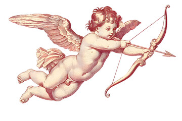 Wall Mural - Cupid flying overhead shooting his arrow vintage illustration isolated on transparent background