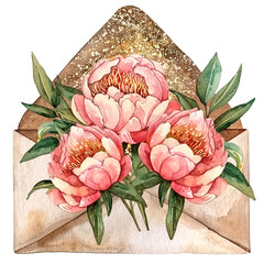 Sticker - A gold and pink envelope with three pink flowers on it. The flowers are arranged in a way that they look like they are blooming. The envelope is decorated with glitter, giving it a shiny