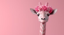  Close-up Photo Of A Giraffe Wearing Pink Flowers In Its Head, Set Against A Pink Backdrop