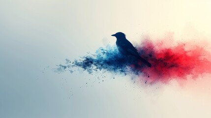  A bird perched on a colorful cloud amidst a blue-white backdrop with a smoky red-white hue