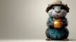  A small mammal wearing a suit, hat, and carrying a cup of tea with a teapot in hand