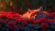  A photo of a feline resting amidst a field of blossoms, its eyelids shut tight