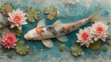  Koi Fish In Pond, Water Lilies, Lily Pads On Blue Background