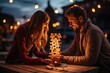 A couple having a romantic evening playing a game of Jenga, carefully removing blocks without toppling the tower
