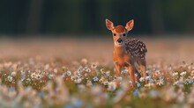   A Young Deer Standing Amidst A Sea Of Wildflowers And Daisies Against A Crisp, Focused Forest Backdrop