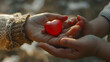 Red heart in hands on sunny nature background
