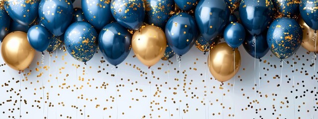 Wall Mural - Balloon birthday background confetti anniversary happy gold party ballon white. Birthday balloon background ribbon card design 3D golden isolated celebrate decoration illustration blue banner color.