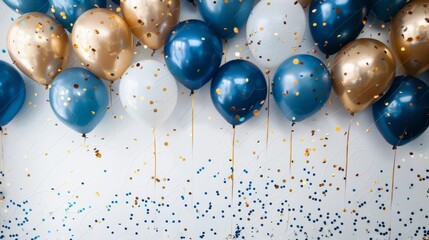 Wall Mural - Balloon birthday background confetti anniversary happy gold party ballon white. Birthday balloon background ribbon card design 3D golden isolated celebrate decoration illustration blue banner color.