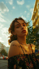 Portrait of a beautiful young mixed race woman at sunset in urban setting 