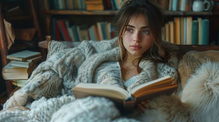 Canvas Print - Woman Reading Book in Bed