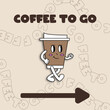 Illustration with a cartoonish cup of coffee in retro style.
