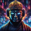 The image  a Buddha in a cyberpunk style, surrounded by neon light that creates the illusion of a seamless fusion between man and machine.