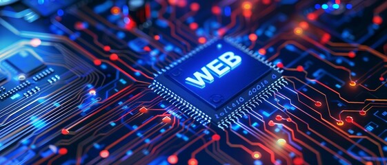 Wall Mural - A close-up view with the acronym WEB displayed on a microchip, representing the concept of  the World Wide Web. 
