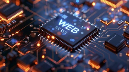 Wall Mural - A close-up view with the acronym WEB displayed on a microchip, representing the concept of  the World Wide Web. 
