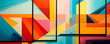 A vibrant painting featuring a dynamic multicolored abstract design with bold shapes and contrasting hues. Banner. Copy space