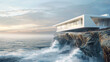 A captivating illustration of a minimalist white villa, perched atop a cliff overlooking the ocean,