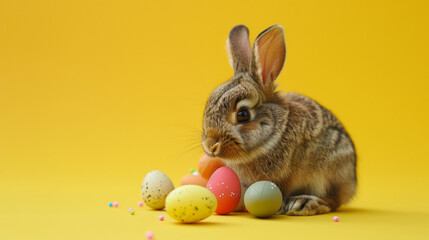 Littl rabbit and easter eggs on yellow  background.