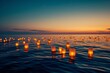 A number of lanterns float on the water, creating a sparkling and captivating scene, A vast ocean with floating lanterns in memory of fallen soldiers on Memorial Day, AI Generated