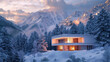 A dreamy depiction of a modern white villa nestled amidst snow-capped mountains, its large windows framed by towering pine trees, 