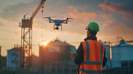 Engineer in a safety vest flying a drone