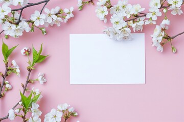 Wall Mural - Fresh branches of cherry white blossoms on pastel pink background. Mockup for blank white card with copy space for text