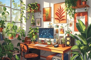 Poster - An art piece depicting a desk with a computer placed on top, showcasing a modern workspace, A whimsical depiction of home workspace with plants and art, AI Generated