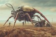 A massive spider is standing upright in an open field, showcasing its intimidating size and presence, Alien creatures working on futuristic farming machinery in an open field, AI Generated