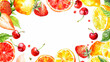 Colorful watercolor painting featuring variety of fresh fruits, berries, including apples, oranges, grapes, strawberries, and blueberries. Diet, proper nutrition. Organic products. Banner. Copy space