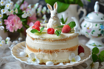 Wall Mural - Easter cake with eggs, flowers and bunny