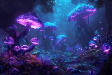 Canvas Print - A cluster of mushrooms growing amidst the grassy terrain, showcasing the natural beauty of these fungi, An alien forest filled with luminescent plants and giant mushrooms, AI Generated