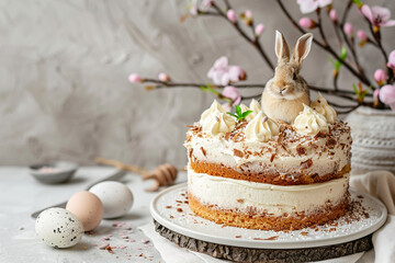 Wall Mural - Easter cake with eggs, flowers and bunny