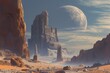 A futuristic science fiction space station stands prominently in the barren desert landscape, An ancient, advanced civilization ruins on a distant exoplanet, AI Generated