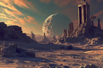 Poster - Computer Generated Image of a Distant Planet, An ancient, advanced civilization ruins on a distant exoplanet, AI Generated