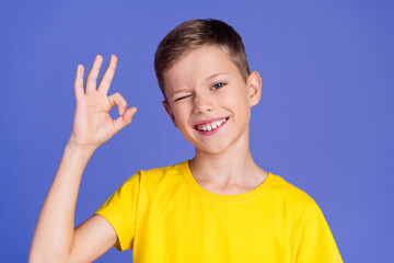 photo of cute cheerful small boy wear trendy yellow clothes wink eye okey sign nice offer isolated o