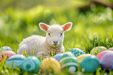 Wall Mural - happy lamb with easter eggs on spring grass