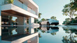 A striking portrayal of a contemporary villa with a sleek white car parked in its driveway, the reflection of the stylish residence visible on the glossy surface of the vehicle, 
