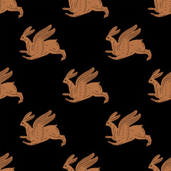 Wall Mural - Seamless animal ethnic pattern with running or flying winged rabbits or hares. Easter symbol.  Ancient Greek or Roman vase painting motif. 