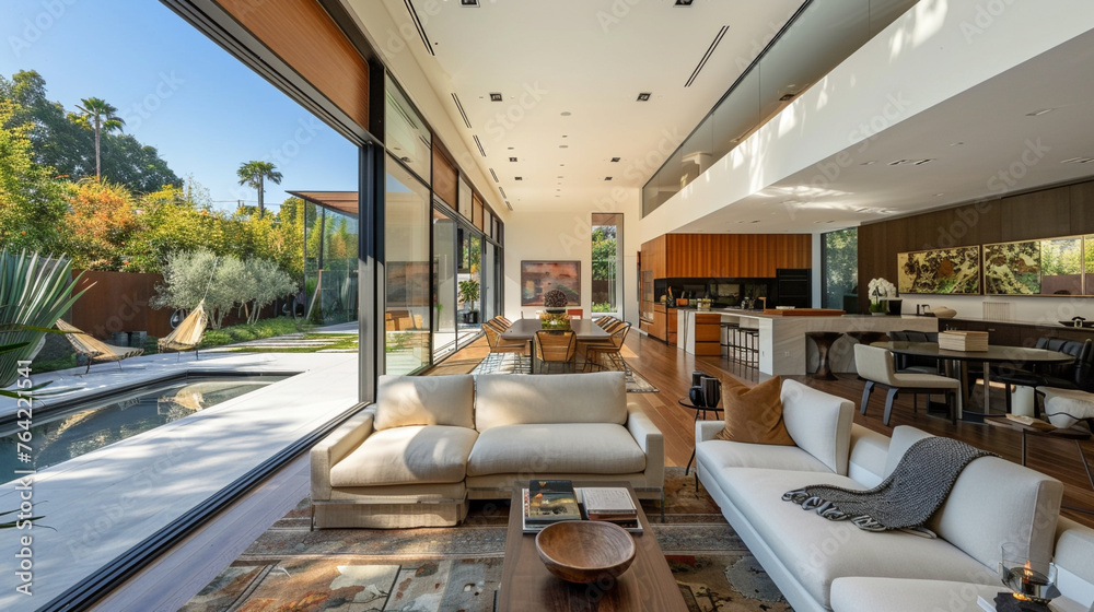 An inviting photo of a luxurious modern home, characterized by its open ...