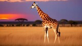 Fototapeta Zwierzęta - Giraffe in the African savannah against the backdrop of sunset. Tanzania. Africa.