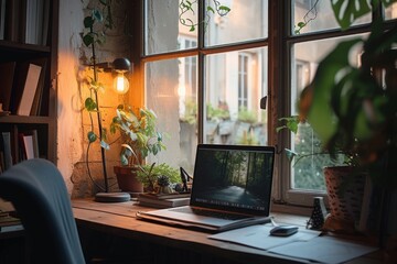 Poster - A laptop computer rests atop a sturdy wooden desk, providing a workspace for productivity and digital tasks, An idyllic setup of a work from home area, AI Generated
