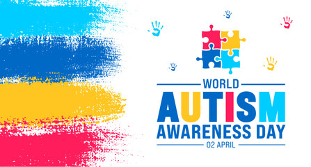 Wall Mural - 2 April world Autism Awareness Day colorful ink paint brush stroke texture with Puzzle piece banner or background design template.