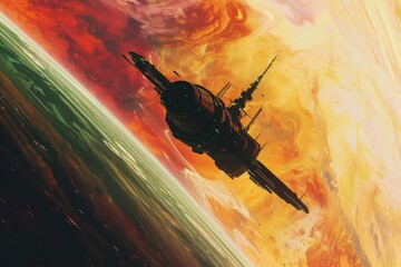 Poster - This photo depicts a painting of a space ship floating in the vast expanse of outer space, An orbital space station hovering over a multi-colored gas giant, AI Generated